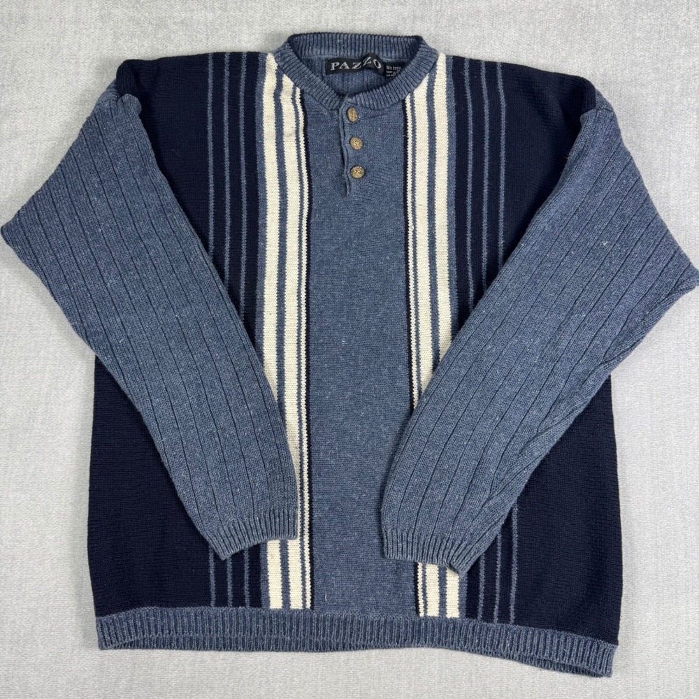 Pazzo Vintage Mens XL Henley Sweater Blue Striped Ramie Cotton Knit Long Sleeve
